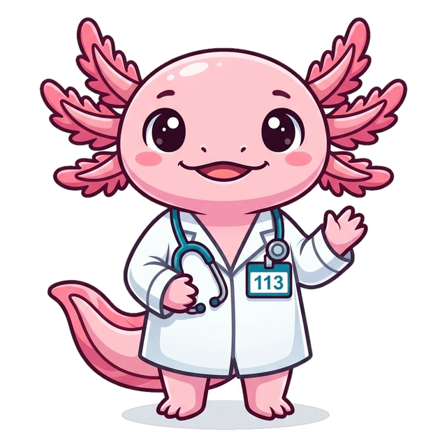 Mascote da turma 113: um axolote rosa de jaleco e estetoscópio